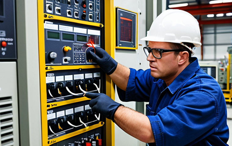 **Industrial Electrical Troubleshooting Expert:** A focused male electrical technician, mid-career, wearing safety glasses and insulated gloves, actively diagnosing a large industrial motor or a complex control panel in a busy factory environment. He is meticulously using a digital multimeter to measure voltage, current, or resistance, with an expression of deep concentration and expertise. The scene should convey the critical importance of fundamental electrical knowledge for quick fault finding and ensuring operational safety and efficiency. The background features industrial machinery, conduits, and safety signage.