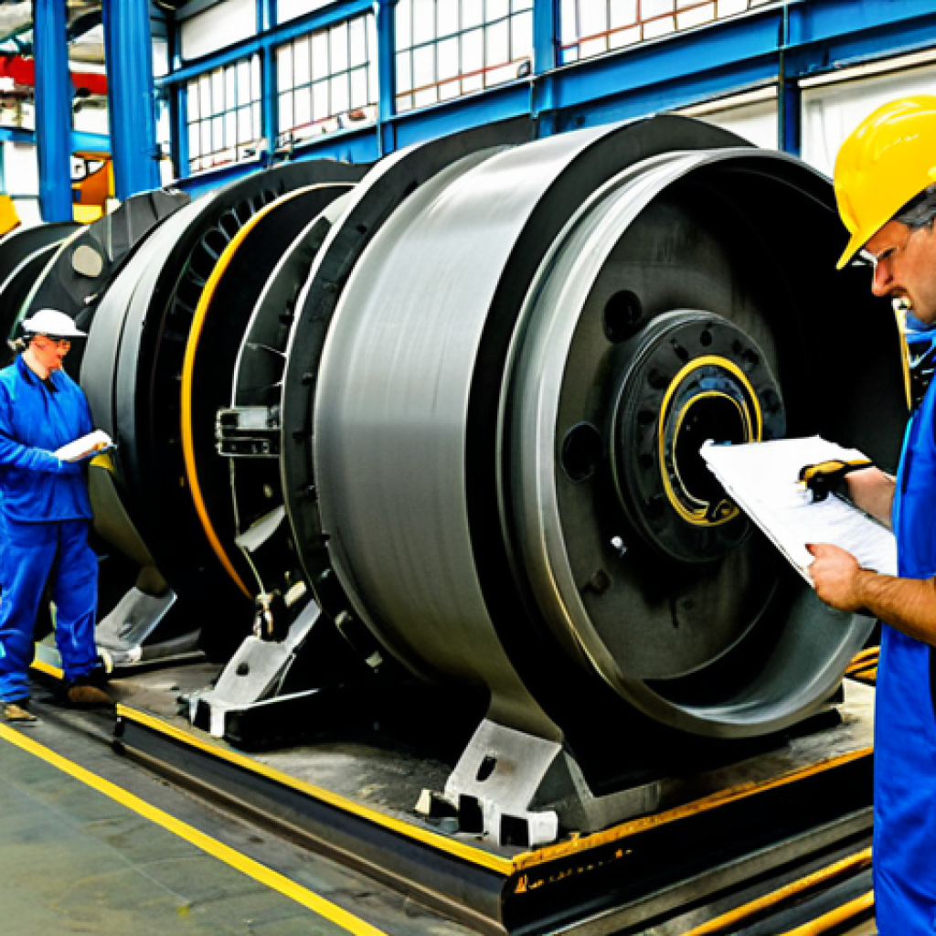 **
"A well-lit, spacious industrial manufacturing plant interior. Workers in fully clothed, appropriate work attire are diligently inspecting and maintaining heavy machinery. Focus on a worker performing preventative maintenance on a large mechanical component. The scene includes visible tools, gauges, and spare parts neatly organized. Perfect anatomy, correct proportions, natural pose. Safe for work, appropriate content, fully clothed, professional, family-friendly, high quality."
**