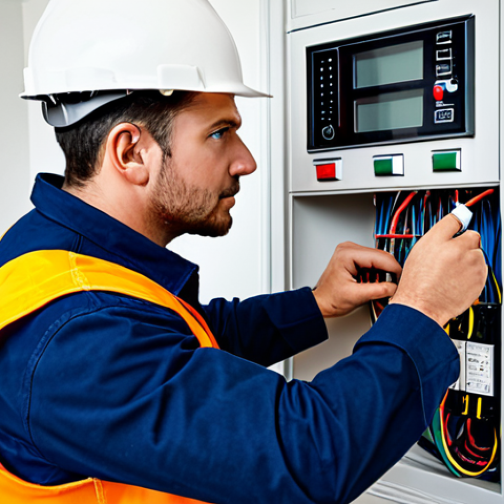 Electrical Safety Check**
"A qualified electrician, fully clothed in appropriate work attire, inspecting electrical wiring and connections in a modern home, safe for work, correct proportions, well-formed hands, professional lighting, appropriate content, modest attire, family-friendly, high quality, natural pose, perfect anatomy. The electrician is using safety equipment to carefully check the wiring. The scene emphasizes safety and professionalism."
**