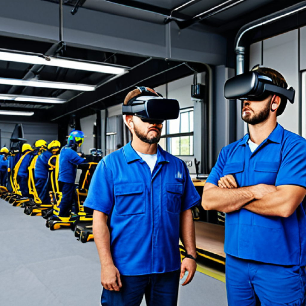 설비 유지보수 기술 트렌드 분석 - AI-Powered Maintenance**
"A modern factory floor, fully clothed technicians using AI-powered tablet...