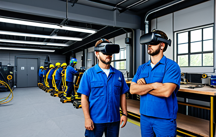 설비 유지보수 기술 트렌드 분석 - AI-Powered Maintenance**
"A modern factory floor, fully clothed technicians using AI-powered tablet...