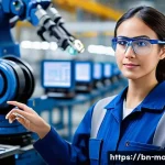 생산설비 유지보수 연봉 협상 전략 - **Prompt:** A highly skilled and focused female factory maintenance technician, in her late 20s, wea...