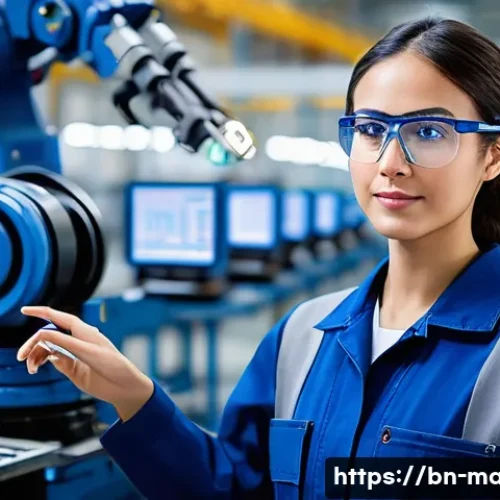 생산설비 유지보수 연봉 협상 전략 - **Prompt:** A highly skilled and focused female factory maintenance technician, in her late 20s, wea...