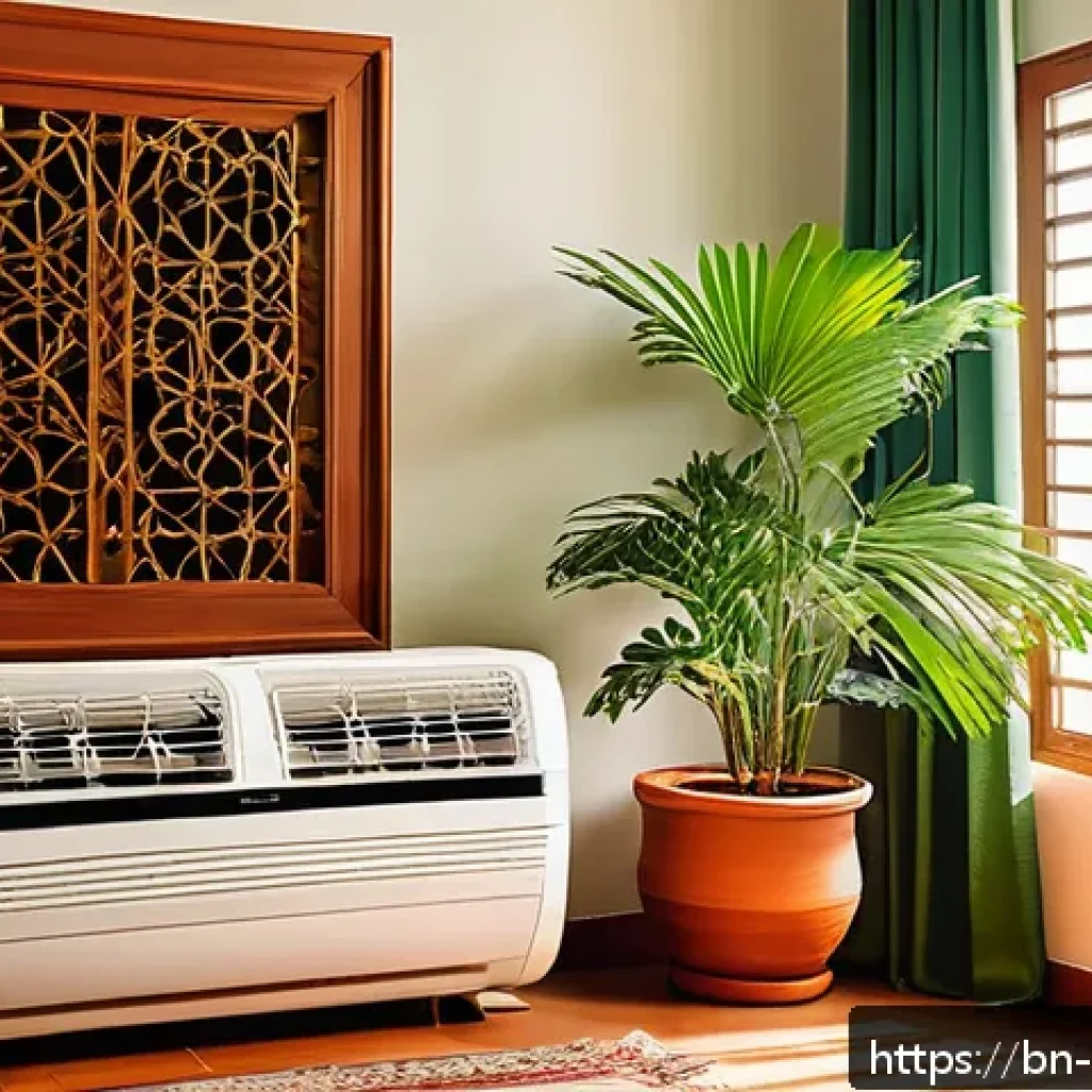 냉동기 설비 유지보수와 에너지 절감 - A detailed indoor scene showing a modern air conditioner unit installed in a bright, well-ventilated...