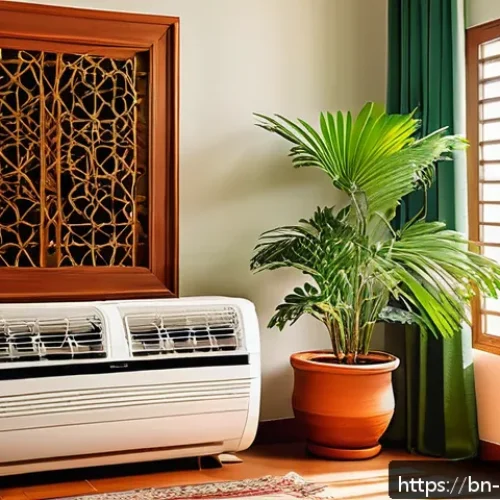 냉동기 설비 유지보수와 에너지 절감 - A detailed indoor scene showing a modern air conditioner unit installed in a bright, well-ventilated...