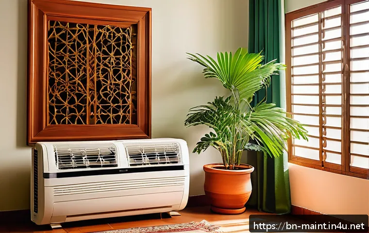 냉동기 설비 유지보수와 에너지 절감 - A detailed indoor scene showing a modern air conditioner unit installed in a bright, well-ventilated...