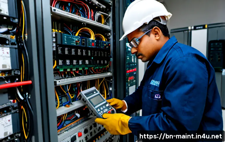 설비 고장 진단을 위한 전기적 분석법 - Photorealistic industrial maintenance technician in a clean electrical control room, wearing safety ...