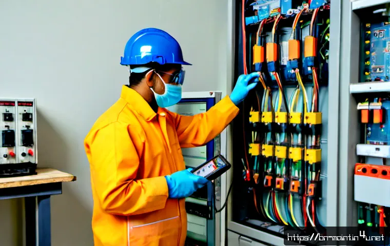 설비 보수 시 필수 전기 기초 이론 - Photorealistic industrial maintenance workshop, skilled adult electrician in full safety helmet, cle...