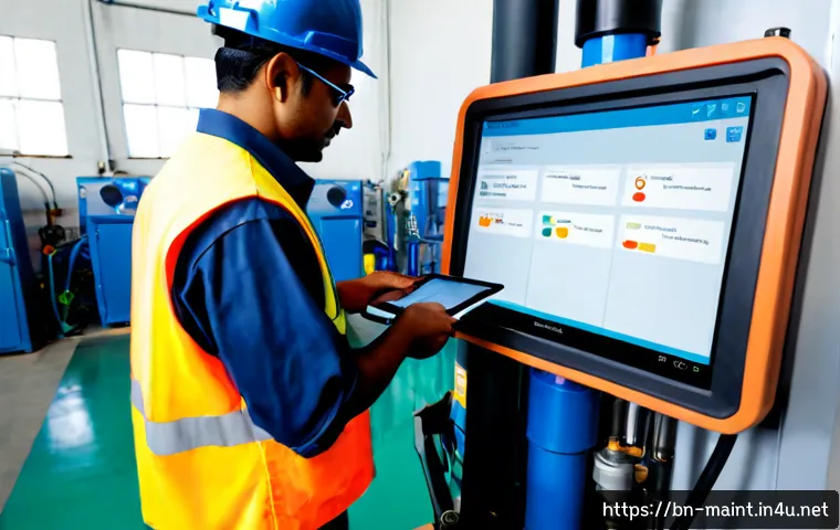 Home 15 CMMS 컴퓨터화 유지보수 시스템 활용법 - Photorealistic maintenance supervisor in a clean modern factory, using a tablet with a simple equipm...