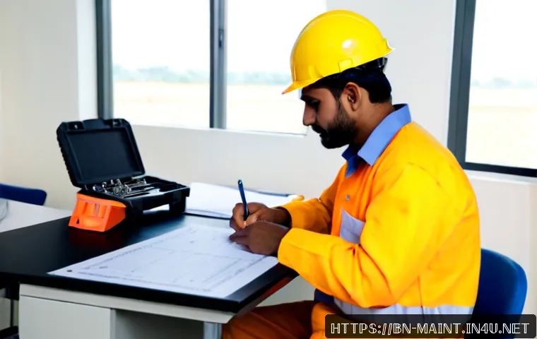 설비 기술자 자격증 시험 후기 - Photorealistic South Asian facilities technician seated at a clean work desk after a certification e...